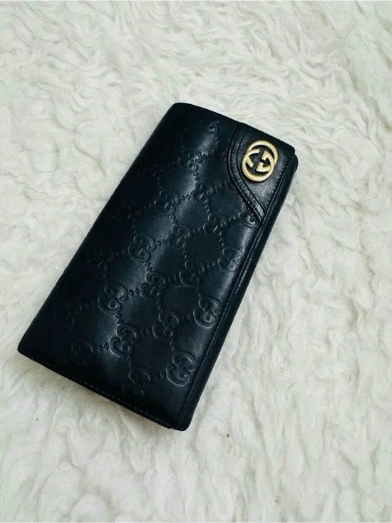 Gucci Black Embossed GG Leather Long Wallet with Gold Logo