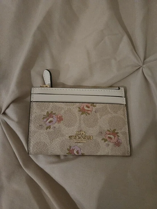 Coach Floral Card Case Wallet in Beige, White and Pink
