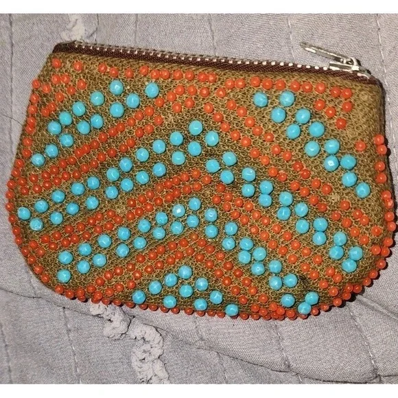 Vintage Boho  70s 60s beaded coin purse Turquoise Western Cowgirl Grannycore Cot