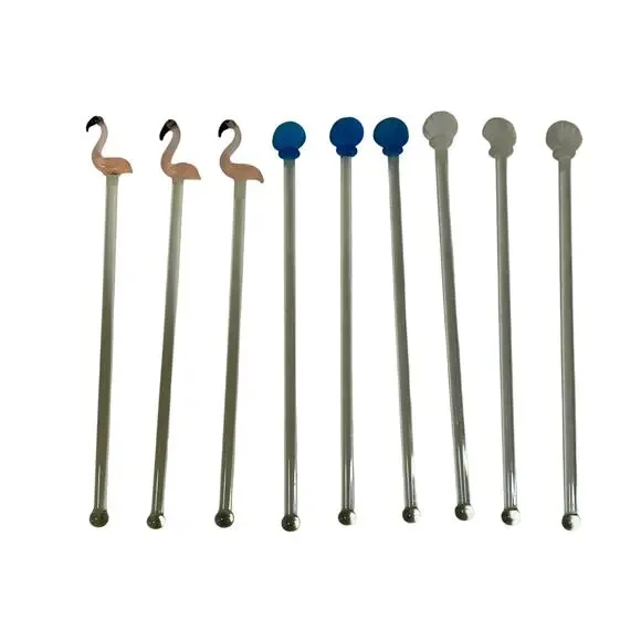 Set of 9 Hand Blown Glass Swizzle Sticks Cocktails Beach Flamingo Seashell Vntg