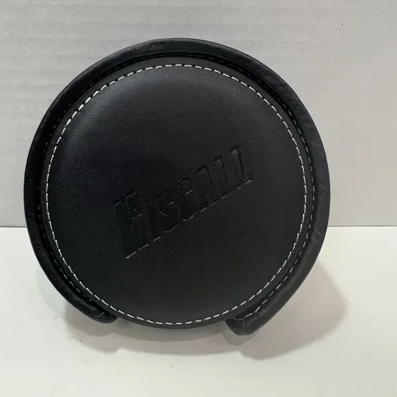 Bonded Black Leather 4 Coaster Set With Holder Embossed HisCall White Stitching