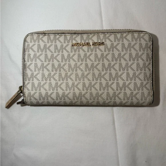 Michael Kors Beige Logo Zip-Around Wallet with Gold Hardware