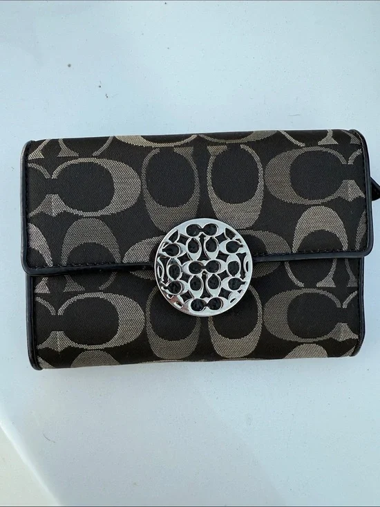 Coach Brown and Tan Signature Canvas Wallet with Silver Medallion