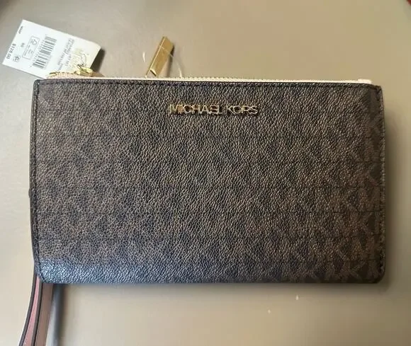 Michael Kors Signature Coated Canvas Zip Wristlet Wallet Brown MK Logo NWT