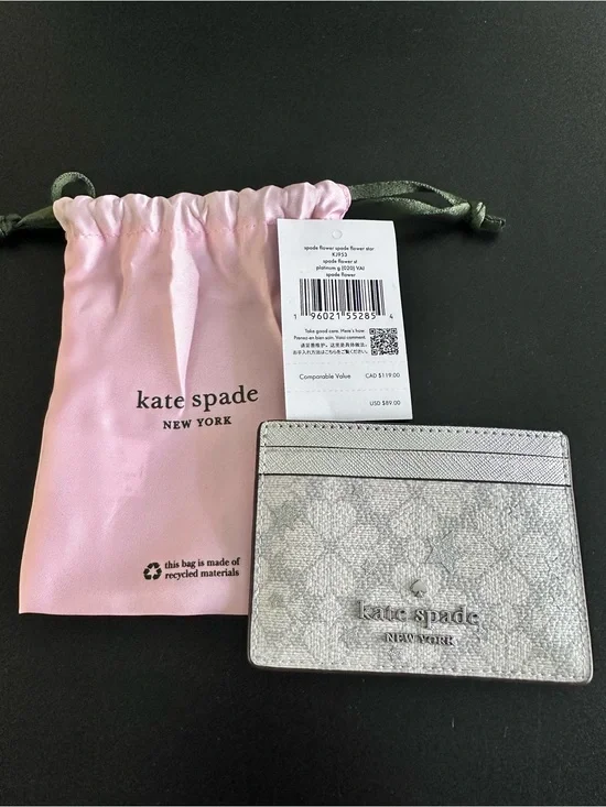 kate spade Silver Metallic Card Case with Logo Pattern