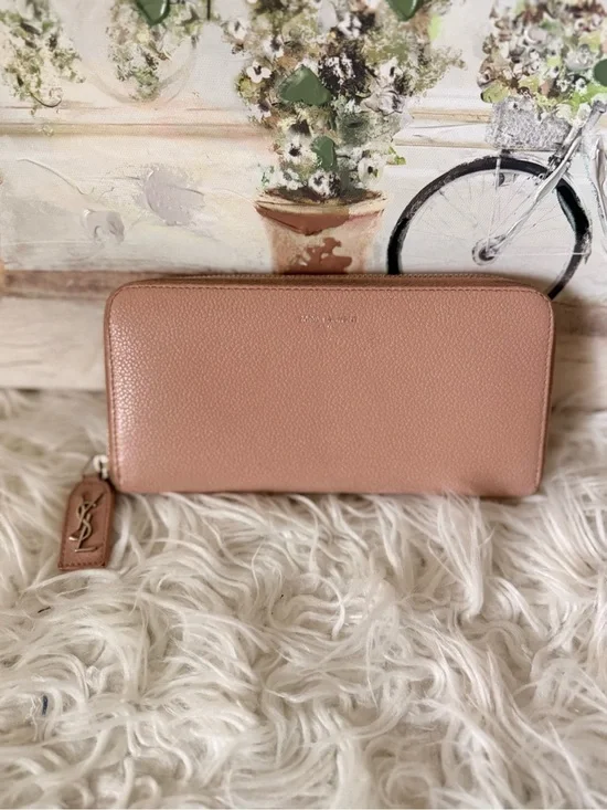 Saint Laurent Blush Pink Zip-Around Pebbled Leather Wallet-pre-loved