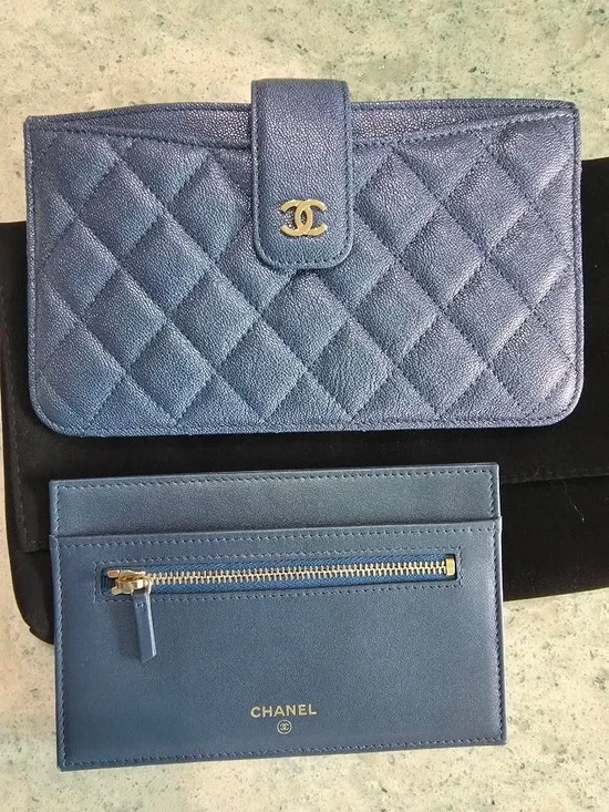 CHANEL Blue Quilted Leather Wallet and Card Holder with Gold Hardware