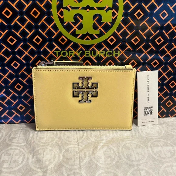 Tory Burch Britten Soft Zip Card Case Mini Wallet Vintage Lemon Silver Yellow