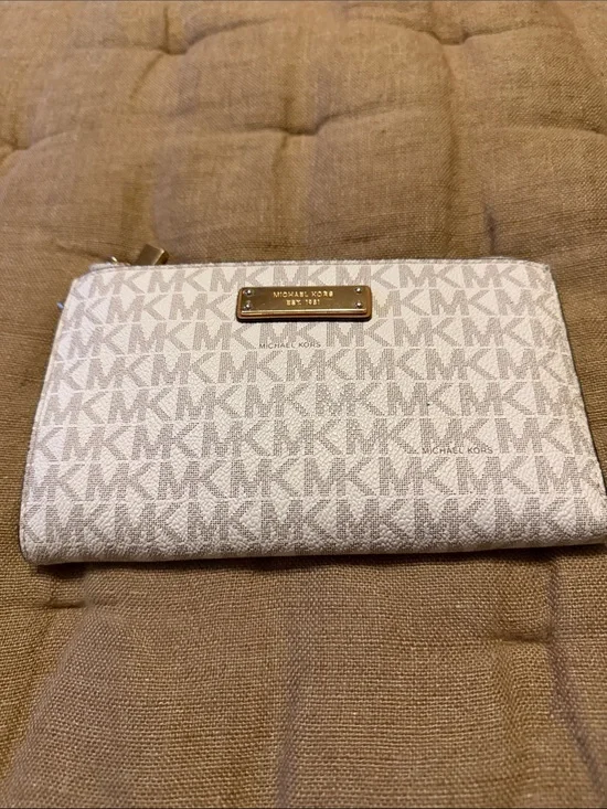 Michael Kors Cream and Gold MK Monogram Zip Wallet