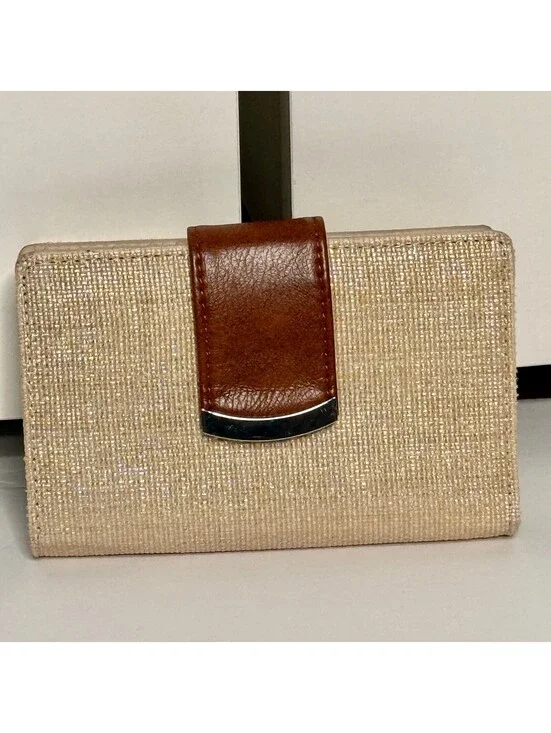 Safe Keepers Gold Tan Woven Wallet Brown Tab Snap Closure Kiss Lock Coin Purse