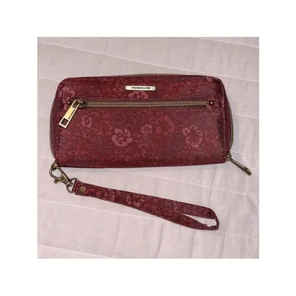 Travelon Burgundy Floral Nylon Travel Wallet Wristlet