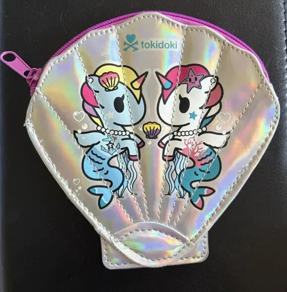 Tokidoki Mermicorno Coin Purse Zipper Shell Shiny Iridescent Metallic Silver