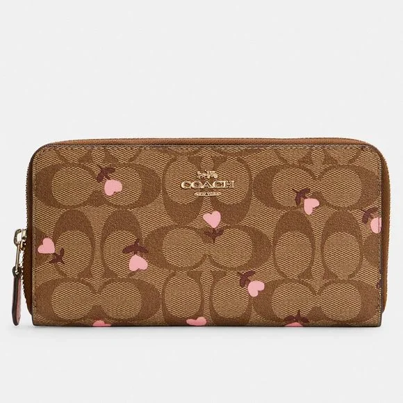 COACH Accordion Zip Wallet Signature Canvas With Heart Floral Print