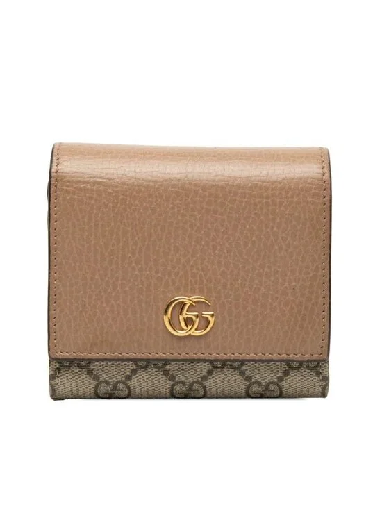 Gucci GG Supreme Marmont Bifold Wallet Beige Brown Leather