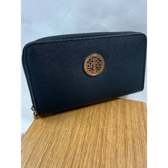 Black Zip Around Wallet Clutch Gold Medallion Organizer Checkbook Style