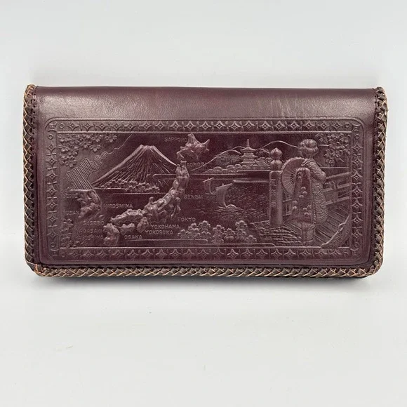 Vintage Embossed Leather Wallet Japanese Japan Map Dragon Bi-fold Dark Brown
