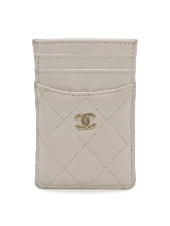 Chanel Quilted CC Logo Card Case Business Holder Caviar Leather Ivory White Gold