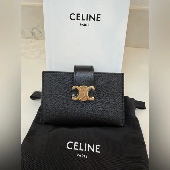 Brand New CELINE Accordion Nino Card Holder with Black Leather Gold Hardware