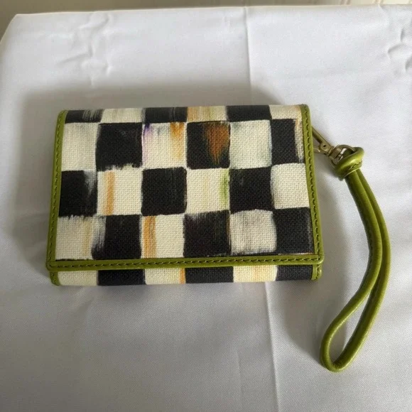 Mackenzie Childs Courtly Check Checkered Wristlet Wallet Black White Green