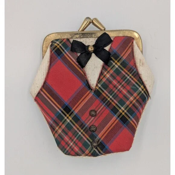 Vintage Plaid Tartan Fabric Kiss-Lock Suit Coin Purse w/ Bow Button Mid Century