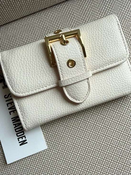 Steve Madden Cream Textured Leather Wallet with Gold Buckle