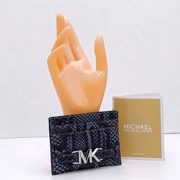 MICHAEL KORS Reed Large Snakeskin Python Pattern Card Holder Case Navy  NWT