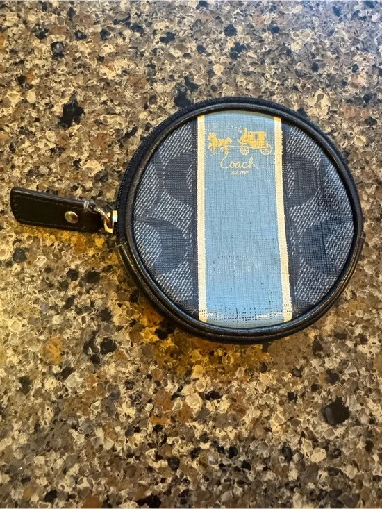 Coach Round Coin Pouch in Blue and Cream Varsity Stripe