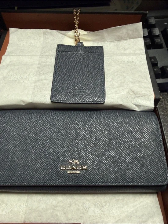 Coach Navy Pebbled Leather Wallet and Card Holder with Gold Hardware