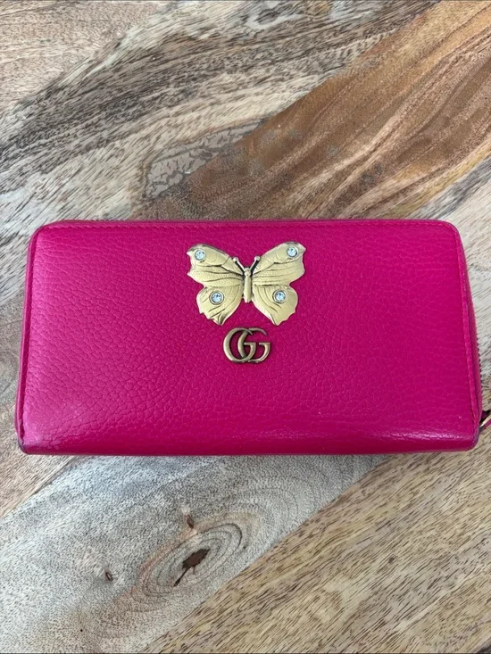 Gucci Hot Pink Leather Butterfly Zip-Around Wallet with Gold Hardware