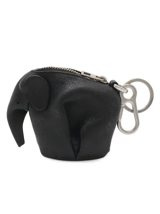 Loewe Elephant Animal Coin Case Pouch Charm Leather Black Silver