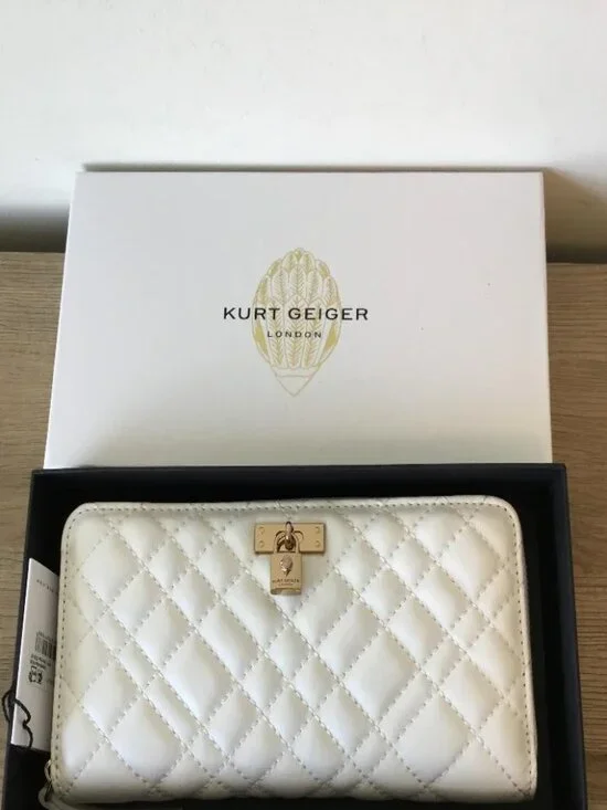 Kurt Geiger White Quilted Zip Wallet with Gold Hardware