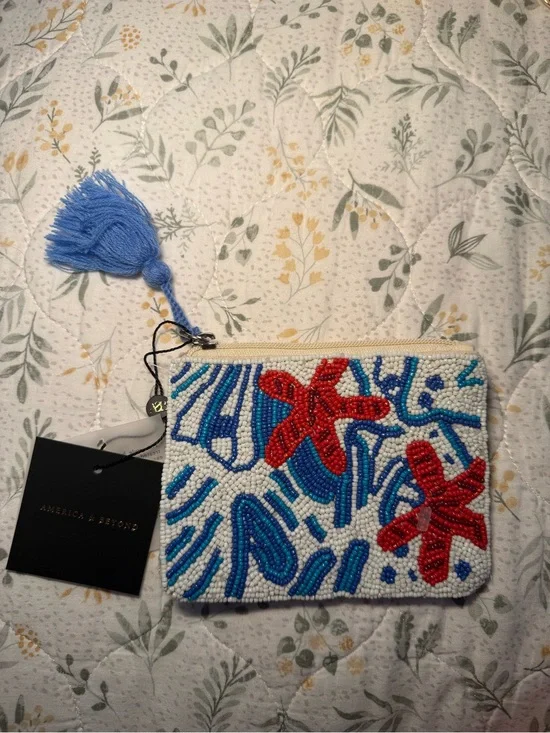 American & Beyond Beaded Starfish Wristlet Pouch in Blue, White & Red