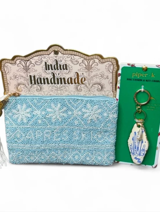 💙▪️Handmadein India ▪️ Beaded Light Blue Apres Ski Beaded Coin With Bag Charm