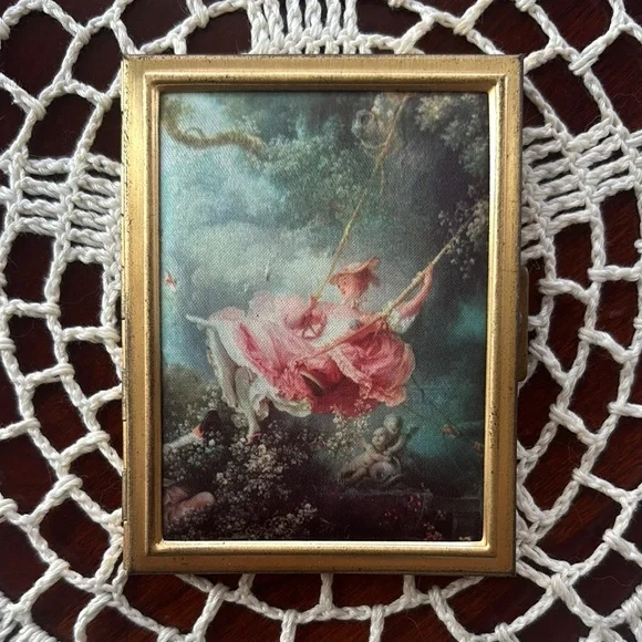 Vintage Victorian French Lovers Lady The Swing Cash Card Photo Holder Brass Gold