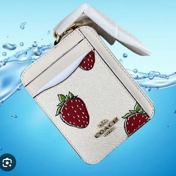 Coach Zip Card Case With Strawberry Print Wallet Bag Purse