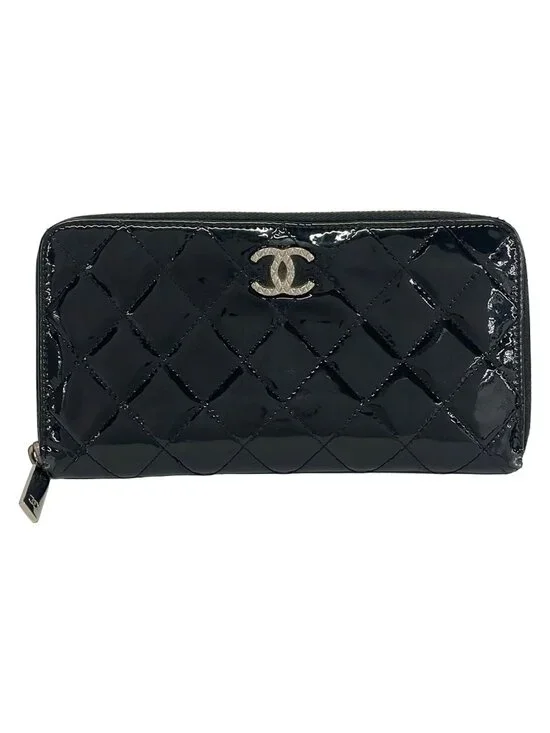 Chanel Wallet Quilted Black Silver Zip Around Leather