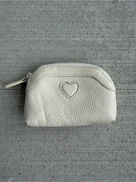 Vintage Brighton White Genuine Leather Coin Purse Heart Zip Wallet Change Pouch