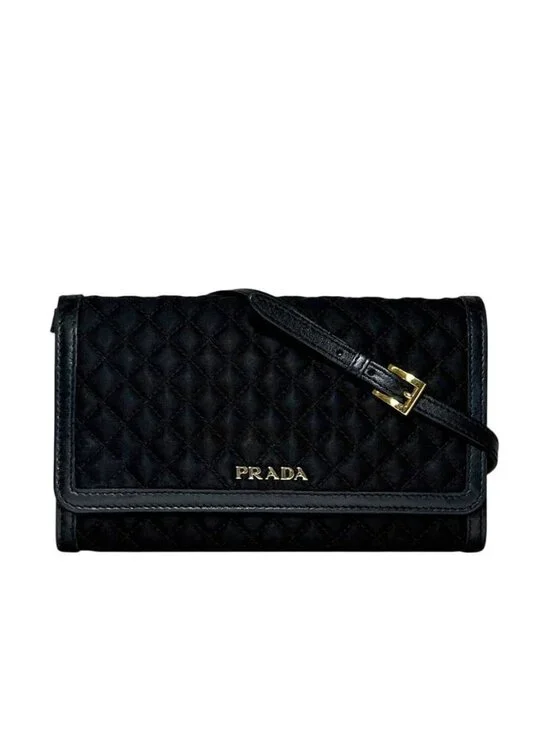 Prada Shoulder Wallet Bifold Black Nero Nylon Leather Quilted 12 One Point Logo