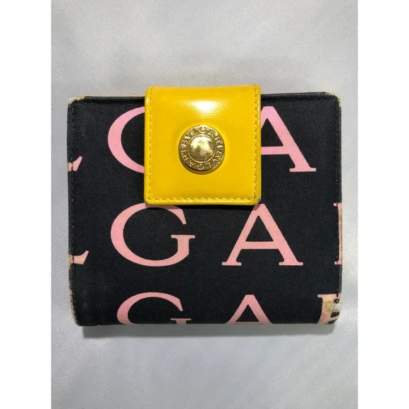 Bvlgari Logomania Bifold Wallet Black Pink Canvas Yellow Leather Italy ABEMEM
