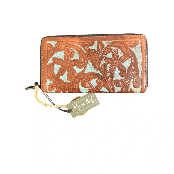 Myra Wallet Brown Teal Leather Floral Festival Western Accessories Zip Closure‎