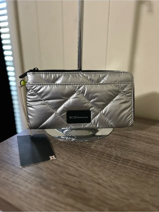 BCBGeneration Quilted Metallic Silver Zip-Around Wallet