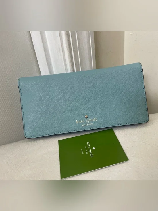 kate spade Light Blue Leather Continental Wallet with Gold Logo