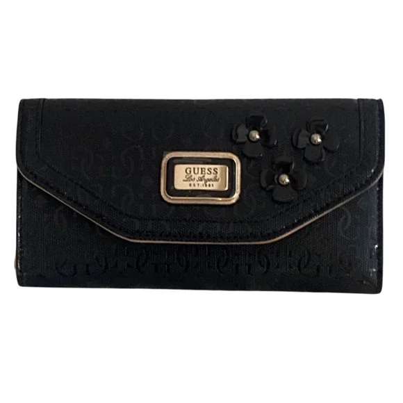 New Guess Black Logo Embossed Floral Wallet With ID Window & Gift Box