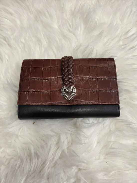 VTG Brighton Leather Black Brown Trifold Wallet Braided Leather Details Hearts