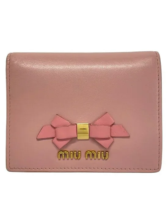 Miu Miu Bifold Wallet Pink Ribbon Leather