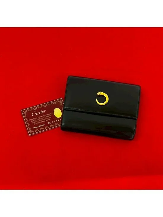 Cartier Panthere Line Leather Trifold Wallet Mini Card Case Black