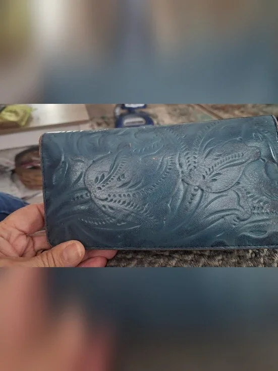 PATRICIA NASH Embossed Floral Leather Wallet in Teal Blue