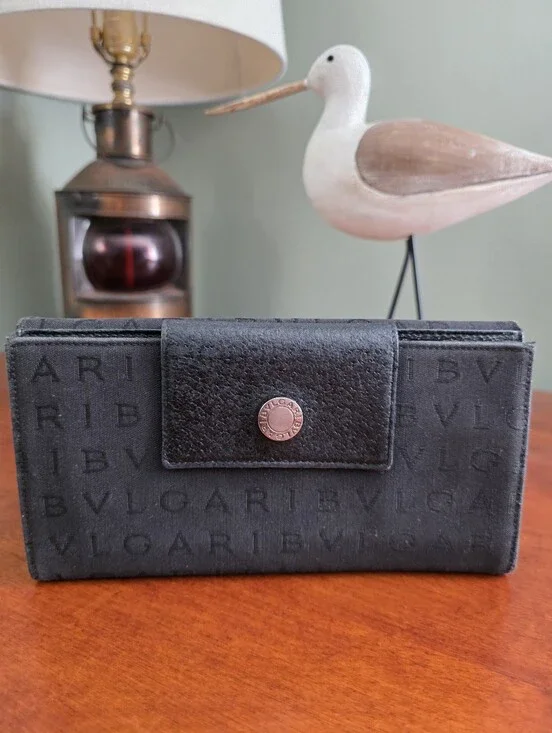 BVLGARI Logo Jacquard Black Continental Wallet Pigskin Leather COA