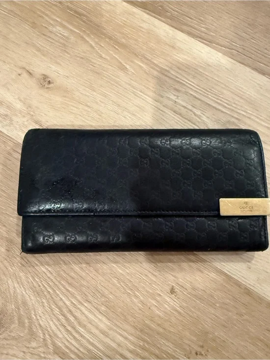 Gucci Black GG Embossed Leather Continental Wallet with Gold Accent