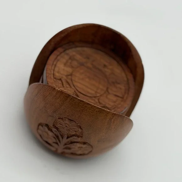 Vintage Hand Carved Floral Wood Coaster Set of 6 with Round Holder Brown Boho
